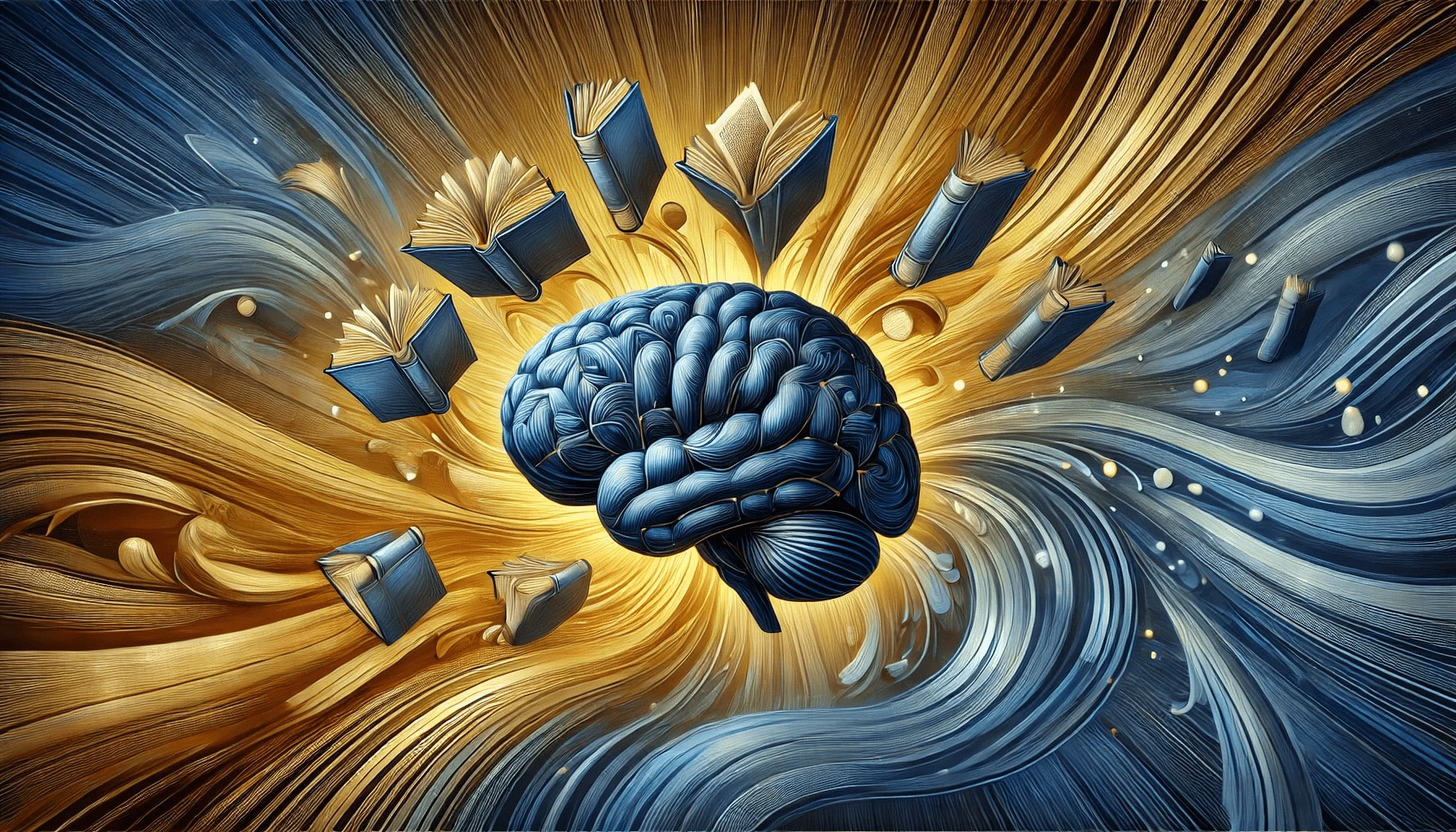 Ilustração estilizada de um cérebro azul cercado por livros abertos flutuando em correntes de energia dourada e azul, simbolizando conhecimento e aprendizado.