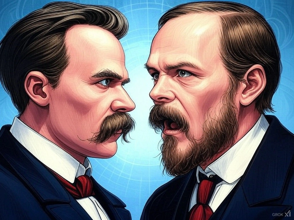 Ilustração de Friedrich Nietzsche e Fyodor Dostoevsky se encarando em perfil, representando um debate filosófico ou literário.