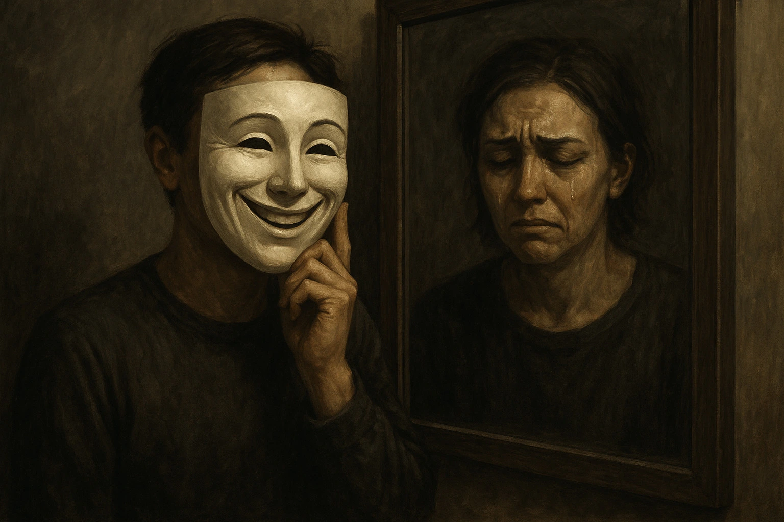 Pintura de uma pessoa segurando uma máscara sorridente enquanto seu reflexo no espelho mostra um rosto triste e chorando, ilustrando dualidade emocional.