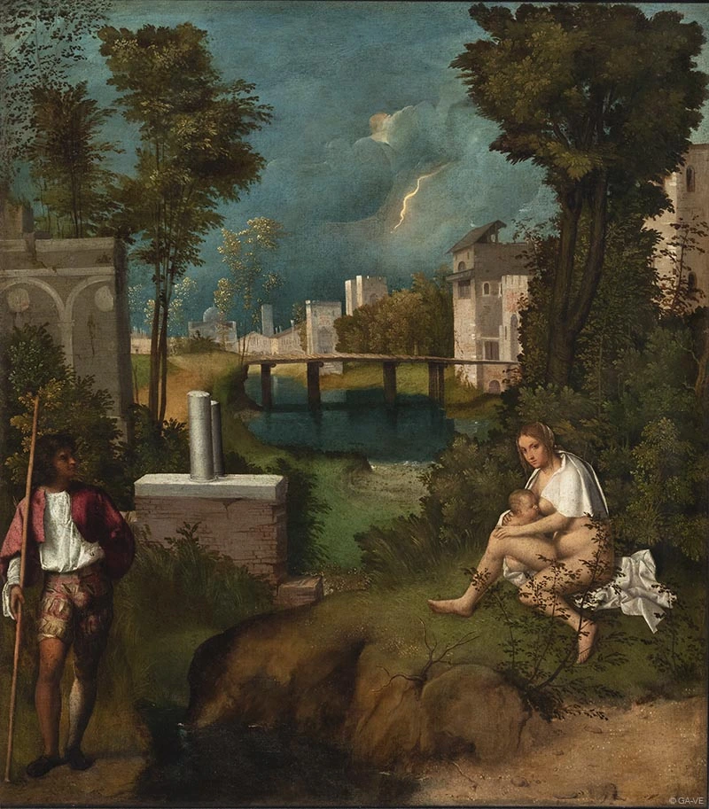 Oil painting 'The Tempest' by Giorgione. The artwork depicts a serene landscape with a breastfeeding woman and a soldier, contrasting with a dark sky and a lightning bolt in the background, symbolizing the calm and life that persist in the face of impending chaotic volatility.
