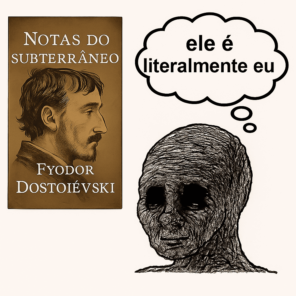 A imagem mostra a capa do livro Notes from Underground de Dostoiévski ao lado de um Wojak melancólico. Acima dele, um balão de pensamento diz “ele é literalmente eu”, indicando uma identificação profunda e irônica com o protagonista da obra.