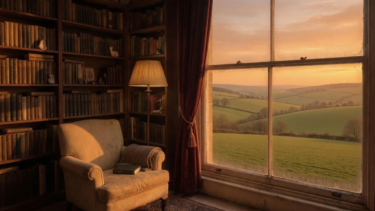 Biblioteca com poltrona e janela para o campo ao entardecer.