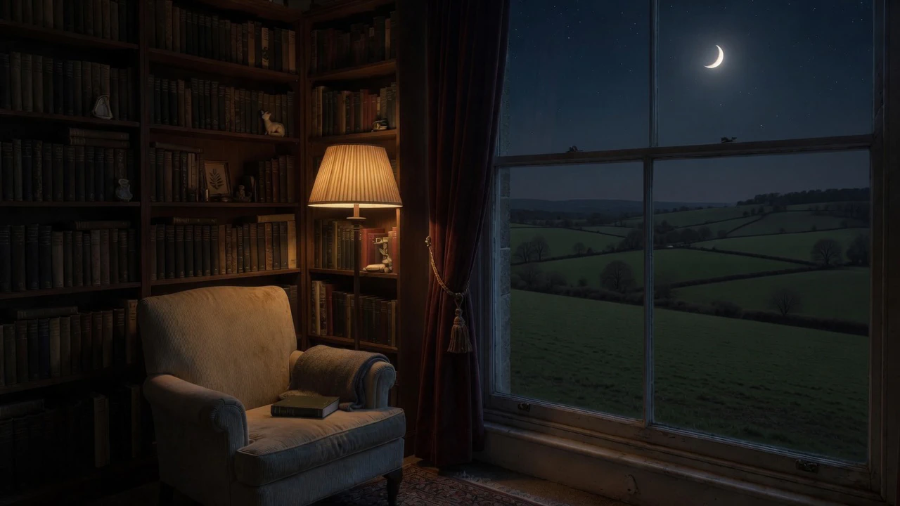 Biblioteca com poltrona e janela para o campo à meia-noite.