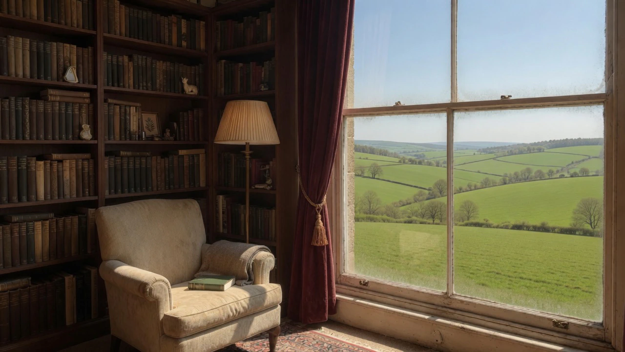 Biblioteca com poltrona e janela para o campo ao meio-dia.
