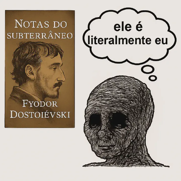 A imagem mostra a capa do livro Notes from Underground de Dostoiévski ao lado de um Wojak melancólico. Acima dele, um balão de pensamento diz “ele é literalmente eu”, indicando uma identificação profunda e irônica com o protagonista da obra.