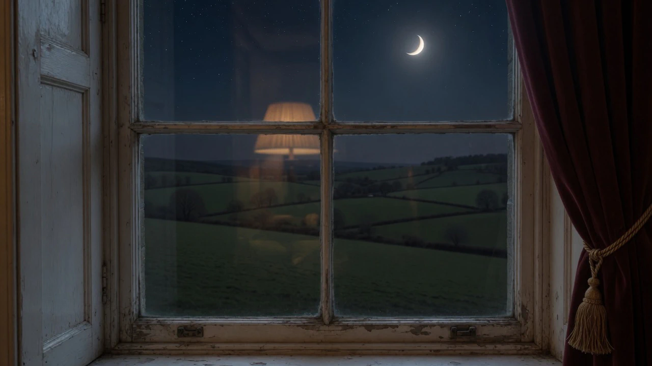 O campo visto pelo vidro da janela à meia-noite.